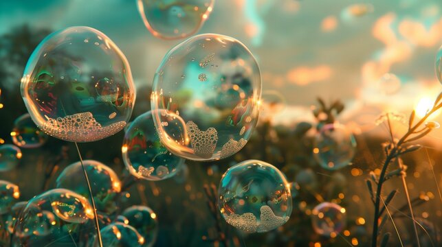 Bubbles floating in air with sunset background