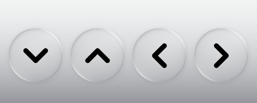 3D Direction button. Liquid glass button with arrow symbol. up, down, left, right sign. Modern web user interface element for ui ux design. Transparent frames and buttons. Vector illustration.