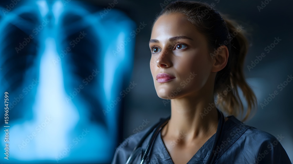 Poster radiologist examining x ray on screen in a diagnostic setting with sharp focus