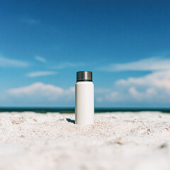 A white insulated bottle standing upright on a sandy beach with a clear blue sky and ocean in the background.