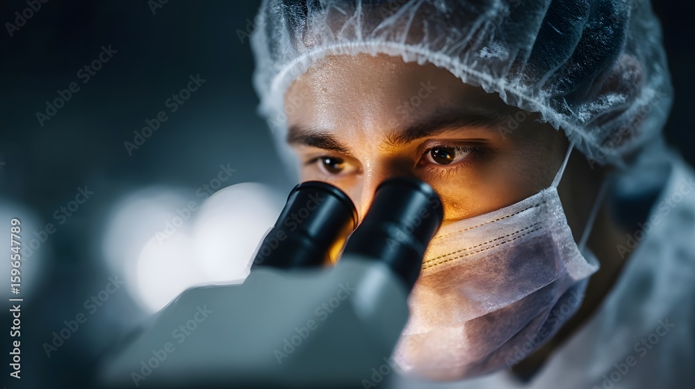 Poster laboratory technician using microscope in a research lab setting