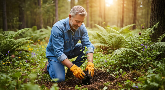 Volunteer planting tree in forest, sustainability message - Powered by Adobe