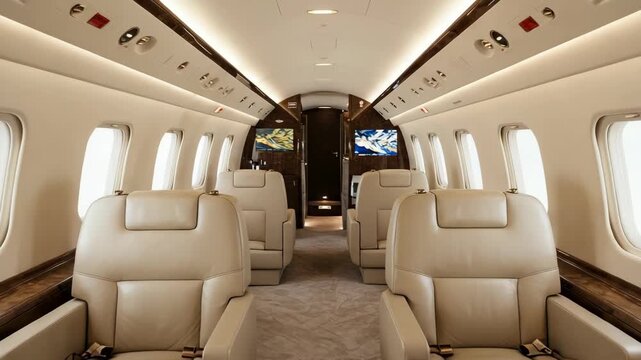 Private Jet Interior with Beige Leather Seats Modern Design and Ambient Lighting inside an Airplane with Monitors and Empty Aisles for Luxury Travel