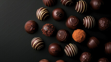 Isolated Belgian chocolate truffles on white background, rich glossy texture and varied fillings