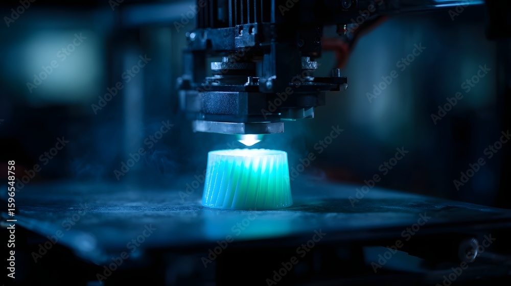 Poster 3d printer creating prototype part with vibrant lighting