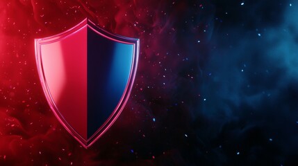 A glossy shield divided into red and blue halves stands against a dark background with smoky, glowing particles.