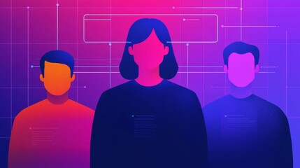 Abstract digital illustration of three faceless people representing a network or team, set against a futuristic purple and pink gradient background with connecting lines.