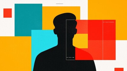 A black silhouette of a person is overlaid on colorful abstract geometric shapes in red, yellow, blue, and white, creating a modern, digital-themed composition.
