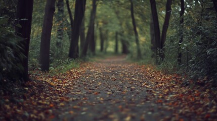 Serene autumnal path disappearing into a lush green forest, strewn with fallen leaves