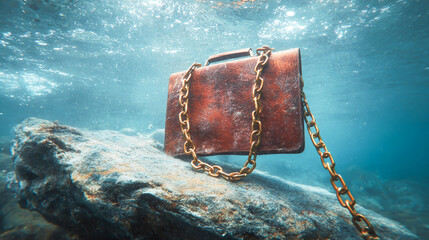 A leather briefcase with chains attached to it is floating underwater on top of an ocean rock, a professional-quality photograph with an ultra-realistic appearance