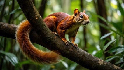 Obraz premium A Red Squirrel Perched on a Tree Branch in a Lush Forest with Soft Natural Light Filtering Through the Leaves Creating a Warm and Inviting Atmosphere