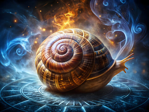 Snail shell emitting scrolling ancient scripts