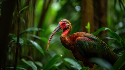 A Striking Scarlet Ibis Amidst Verdant Foliage A Vibrant Bird Perched Among Lush Green Leaves in a Tropical Setting Showcasing Nature's Beauty