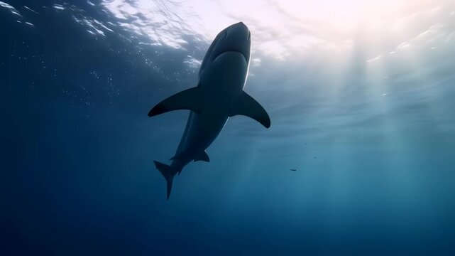 Large shark swimming gracefully underwater with sunlight streaming