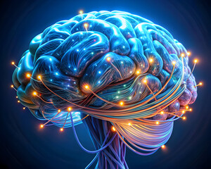 Abstract brain made of data cables and glowing pulses