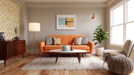 Naklejka premium retro style living room, orange sofa, patterned rug, mid century furniture, soft warm light