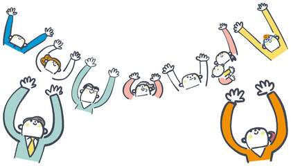 空に向かって手を伸ばす家族と事務所の人々　セットのストックイラスト素材
