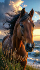 Magnificent red horse on a summer day against the background of the sea, close-up, year of the horse