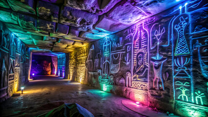 Crystal cave walls engraved with neon hieroglyphs
