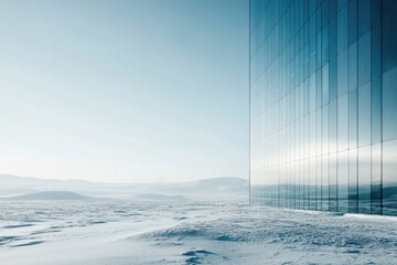 A modern glass building stands alone in a vast, snowy, desolate landscape under a clear sky.