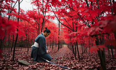 Solitary samurai kneeling among red maple leaves in an autumn forest sword placed beside him  Generative AI