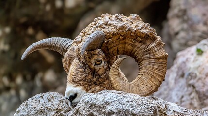 Obraz premium Close-up of Majestic Bighorn Sheep Ram with Intricate Horns