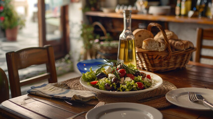 Horiatiki Salata in a charming Greek taverna, served with fresh bread and olive oil