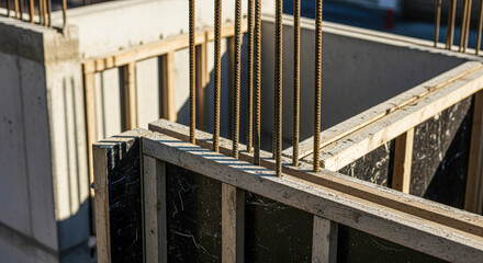 Concrete foundation with steel rebar rods and wooden formwork. Home construction site. Building ground work structure.