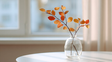 Vase with beautiful autumn leaves on table in room. Interior design