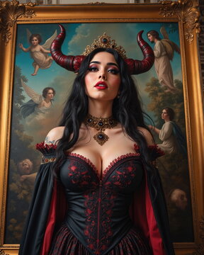 Regal devil queen with a crown and horns in an ornate black gothic dress, perfect for fantasy or Halloween concepts