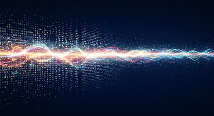 Wavy Light Beam with Glowing Pixels on Dark Blue Background