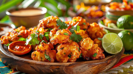 Acarajé on a wooden platter in a vibrant Brazilian restaurant with garnishes and sauces