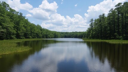 Fototapeta premium Serene lake nestled amidst lush greenery under a bright, partly cloudy sky. The tranquil water reflects the surrounding trees and sky