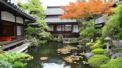Fototapeta premium Serene Japanese garden with koi pond, traditional architecture, lush foliage, and autumnal colors