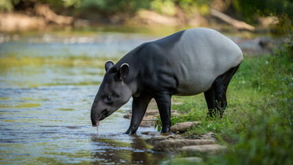 Fototapeta premium Malayan Tapir Drinking Water from a River A Captivating Glimpse into the Life of an Endangered Species in its Natural Environment in Southeast Asia