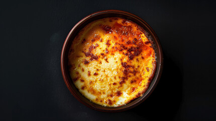 Albanian Tave Kosi on black background, golden top layer and creamy yogurt emphasizing texture