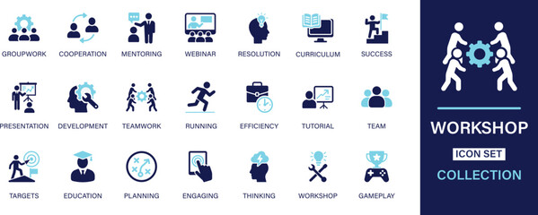 Workshop icon set collection. Groupwork, cooperation, mentoring, webinar, resolution, curriculum, success, presentation, development, teamwork, efficiency. And solid icon set.