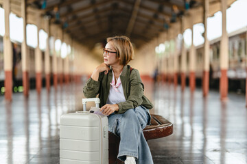 Mature woman using smartphone while waiting at train station