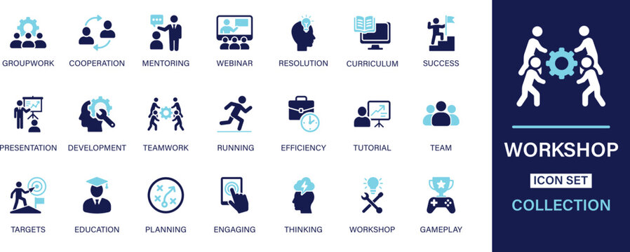 Workshop icon set collection. Groupwork, cooperation, mentoring, webinar, resolution, curriculum, success, presentation, development, teamwork, efficiency. And solid icon set.