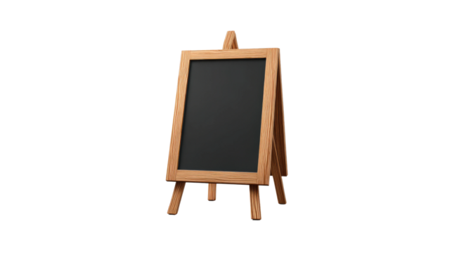 Wooden easel stand with chalkboard on transparent background for menus or signage