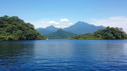 Serene lake view with lush green islands and majestic mountains under a clear blue sky