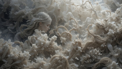 Dreamy Young Woman Surrounded by White Flowers and Flowing Hair in Ethereal Light