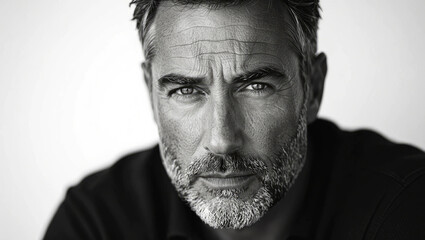 Fototapeta premium Intense black and white portrait of mature man with a thoughtful expression on his face