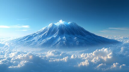 A breathtaking image of a majestic snow-capped mountain peak majestically floating above a sea of soft, white clouds under a clear blue sky.