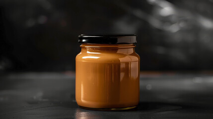 Isolated glass jar of dulce de leche on black background, rich caramel sauce in striking contrast