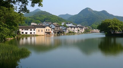Fototapeta premium Serene lakeside village nestled amongst lush green hills, reflecting tranquil waters