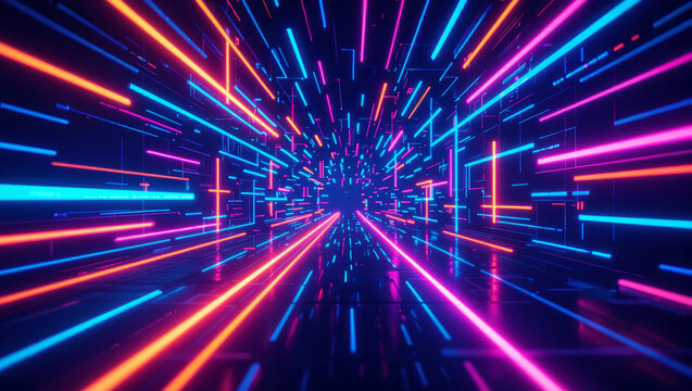 Neon light streaks moving through a dark tunnel creating a futuristic digital scene
