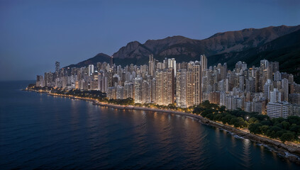 Fototapeta premium Modern Coastal City Skyline At Night With Illuminated High-Rise Buildings Against Mountains And Sea