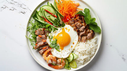 Isolated cơn tắm on white background, grilled pork, egg, shrimp, vegetables, and nước mắm sauce