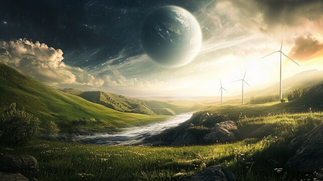 Serene landscape with a futuristic twist; rolling hills, a river, wind turbines, and a planet in the sky